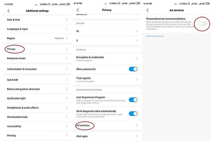 Ilustrasi langkah mematikan Ad Services di MIUI