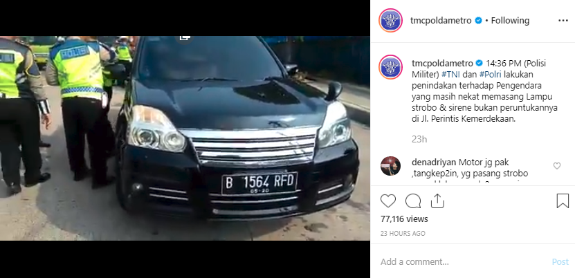 Cuplikan video razia kendaraan B 1564 RFD oleh Ditlantas Polda Metro Jaya.