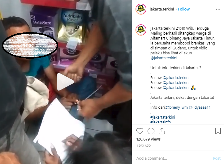 Pelaku yang ditangkap dan videonya diunggah di akun Instagram  Jakarta.Terkini