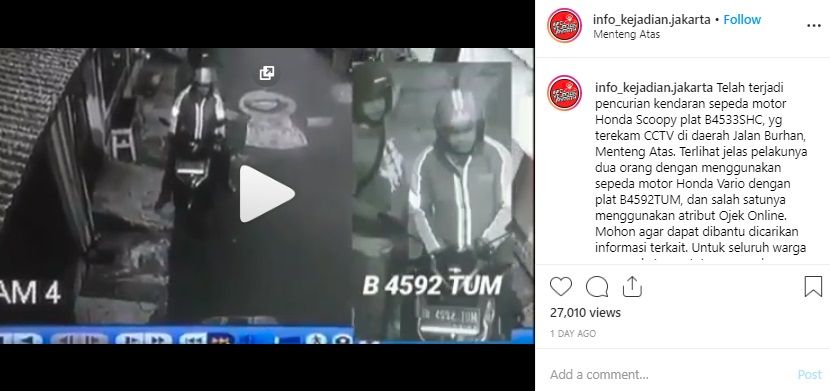 Video rekaman pencurian motor yang diunggah akun IG : info_kejadian.Jakarta