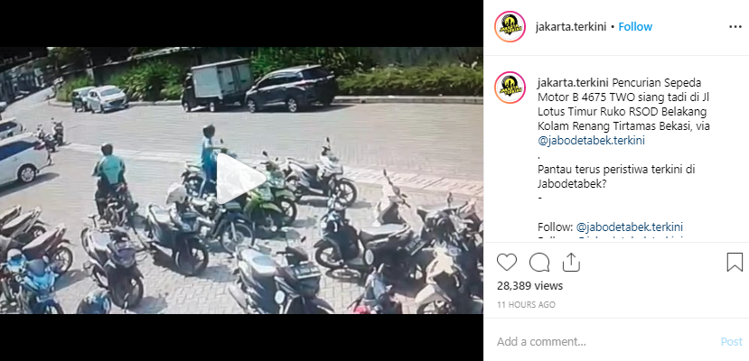 Video pencurian motor yang diunggah IG : akun IG @jakarta.terkini.