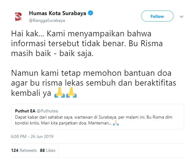 Wali Kota Risma Dikabarkan Kritis, Humas Kota Surabaya Langsung Angkat Bicara