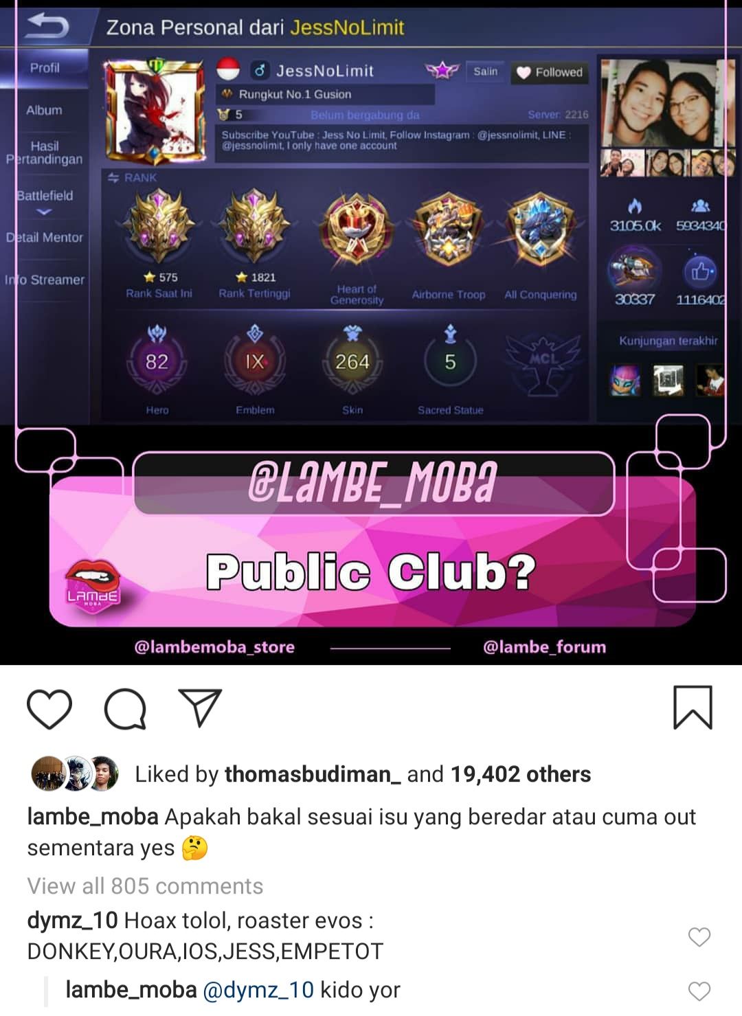 Postingan @lambe_moba tentang keluarnya Jess No Limit dari squad EVOS