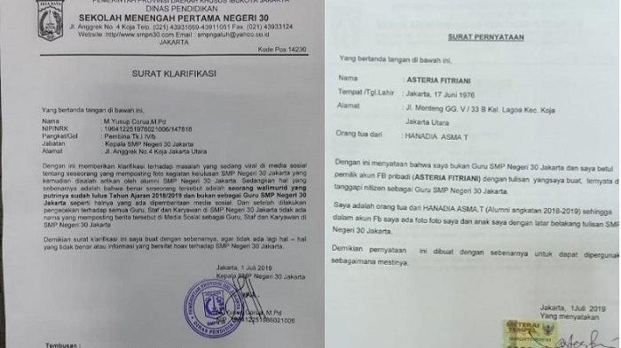 Surat klarifikasi pihak sekolah SMPN 30 Jakarta dan surat pernyatan Asteria Fitriani yang diyakini bukan guru di SMPN 30 Jakarta. Diketahui, akun facebook bernama Asteria Fitriani ini mengajak pihak sekolah untuk tak memajang foto Presiden dan Wakil Presiden. 