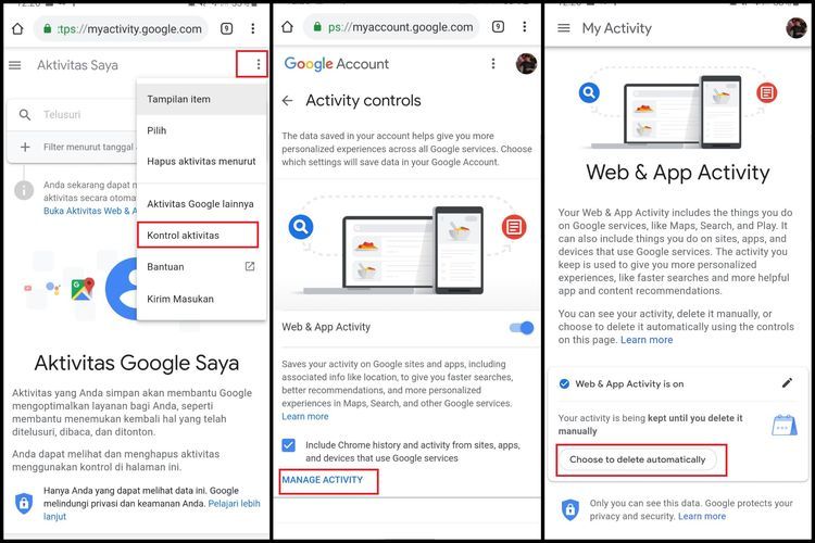 Ilustrasi langkah menghapus riwayat Google secara otomatis