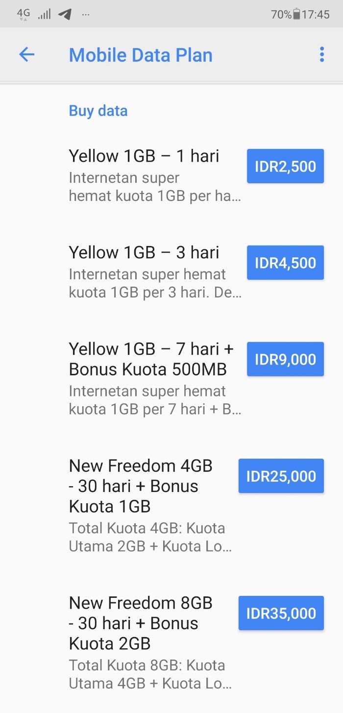 Tampilan mobile data plan Indosat