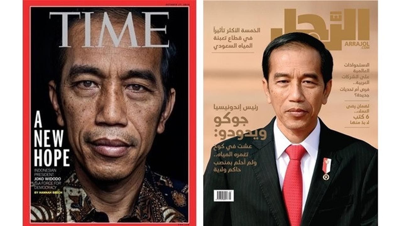 Presiden Joko Widodo menghiasi sampul majalah internasional, TIME (kiri) dan Arrajol (kanan). 