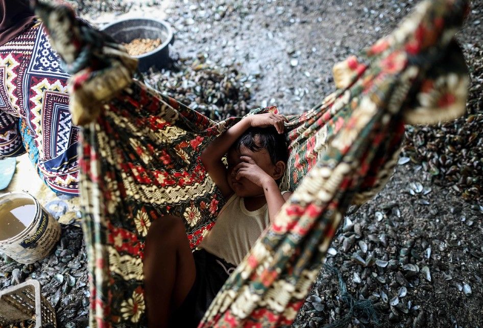 Warga kampung kerang hijau sedang mengupas kerang hasil budidaya nelayan yang ada di Muara Angke, Penjaringan, Jakarta Utara, Jumat (5/7/2019). Kawasan ini merupakan sentra pengolahan kerang hijau yang ada di bibir pantai utara Jakarta.