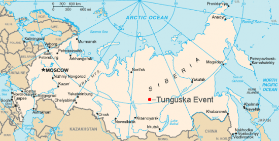Peta yang menunjukkan wilayah Tunguska