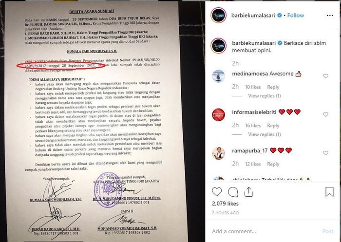 Bukti surat sumpah advokat yang diunggah Barbie Kumalasari 