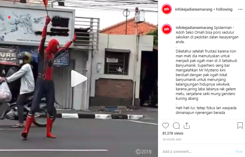 Video aksi Spiderman di tangah jalan yang diunggah akun IG  Infokejadiansemarang.