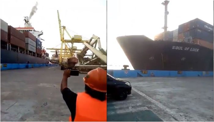 Detik-detik kapal kontainer tabrak terminal peti kemas pelabuhan Tanjung Emas. 
