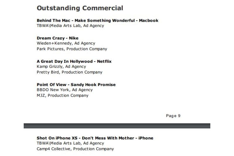 Daftar nominasi ketegori Outstanding Commercial