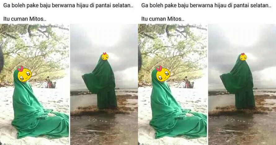 Emak-emak viral tantang mitos pantai selatan dengan menggunakan baju warna hijau.