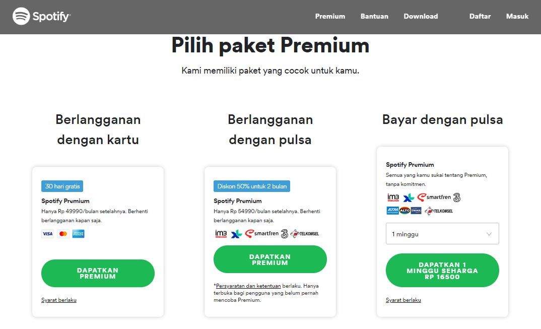 Contoh pilihan sistem pembayaran untuk akun premium di Spotify