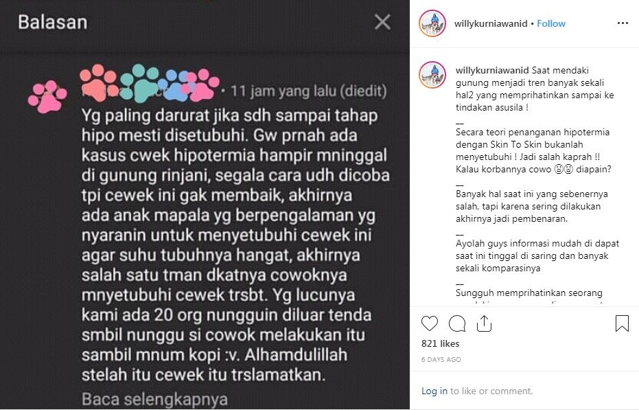 Cerita viral perempuan pendaki gunung disetubuhi saat hipotermia.