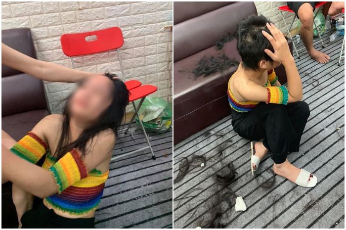 Sang wanita simpanan yang masih berusia 15 tahun hanya bisa pasrah ketika rambutnya dibondol habis.