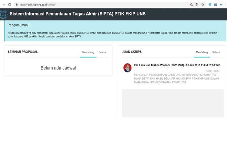 Tangkapan layar laman SIPTA PTIK FKIP UNS