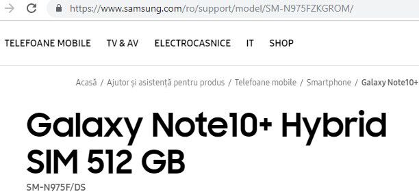 Konfirmasi varian Galaxy Note 10+ dari website Samsung di Rumania