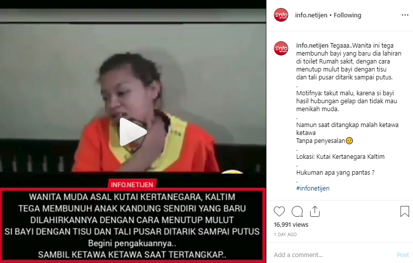 Video pengakuan pelaku pembunuh bayinya sendiri di Kutai, Kalimantan Timur. 