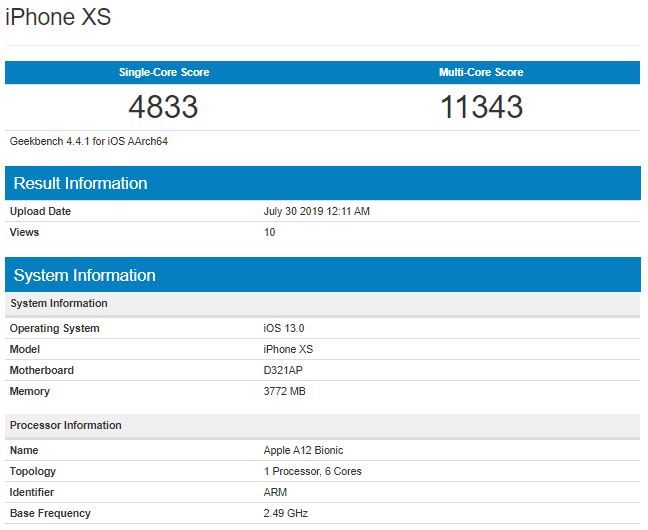 Hasil bencmark iPhone XS di Geekbench