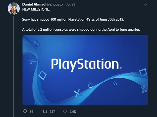 Keberhasilan PlayStation 4 menyentuh angka penjualan 100 unit.