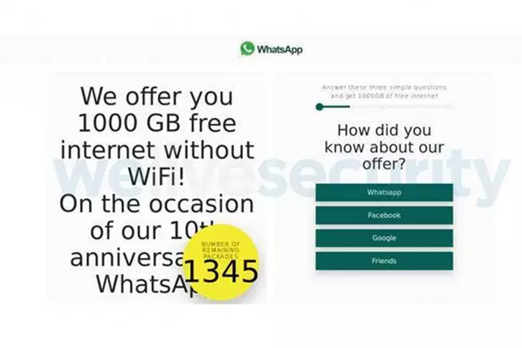 Tampilan situs WhatsApp abal-abal yang dituju oleh tautan dalam pesan penipuan internet gratis 1.000 GB.(ESET)