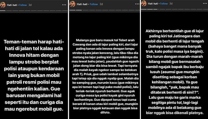 Hampir jadi korban diduga polisi gadungan di tol dalam kota, kronologi kejadian dituliskan dalam Insta story.