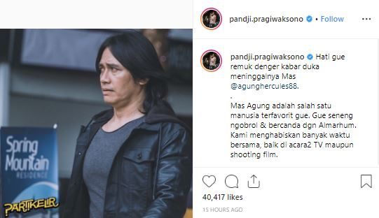 Tangkap Layar instagram: Pandji Pragiwaksono mengucapkan rasa dukanya atas meninggalnya Agung Hercules