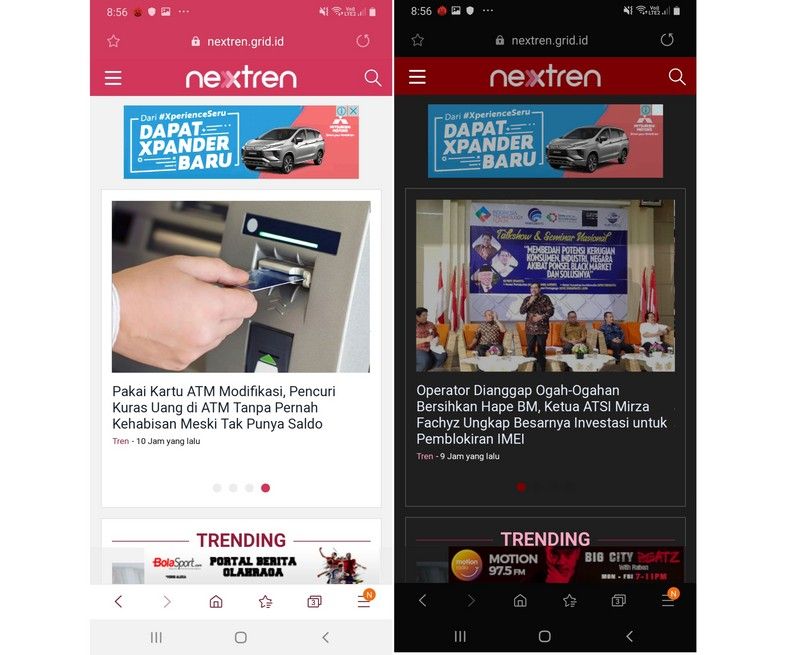 Perbandingan tampilan browser Samsung, mode biasa (kiri) dan Night Mode (kanan)