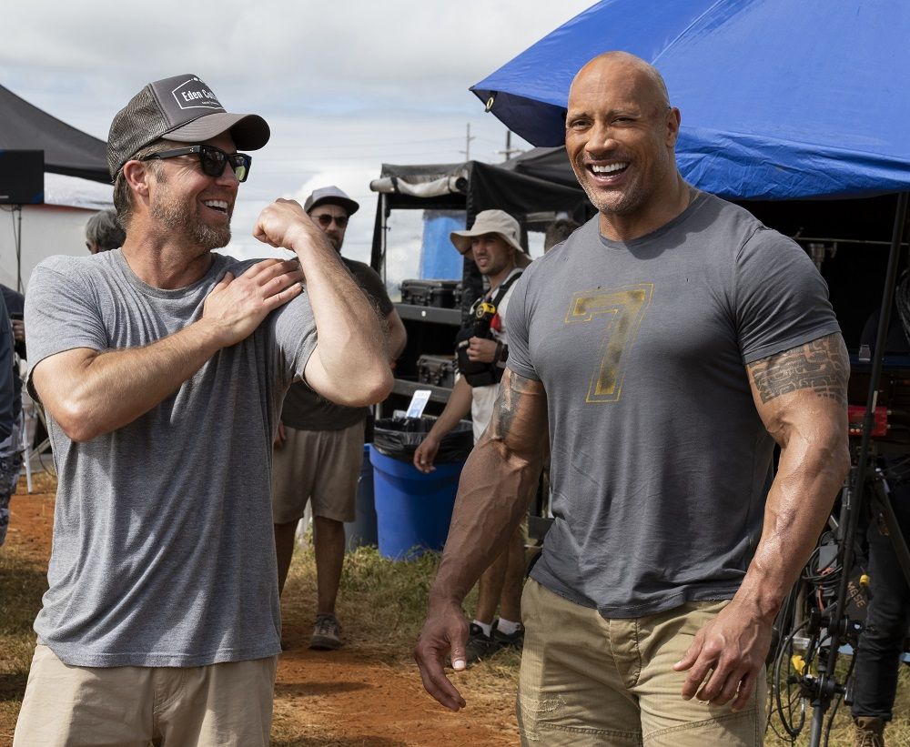 (from left) Director David Leitch and Dwayne Johnson on the set of Fast & Furious Presents: Hobbs & Shaw.