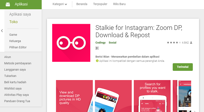 Download terlebih dahulu aplikasi Stalkie for Instagram