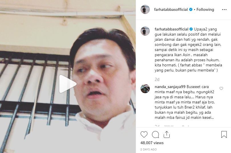 Unggahan Farhat Abbas di instagram saat membesuk para tersaangka kasus "ikan asin" di tahanan Polda Metro Jaya