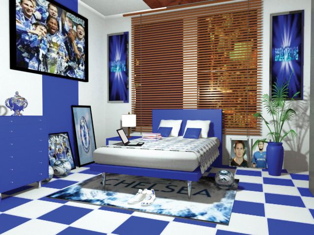 Kamar untuk si penggemar tim sepakbola Chelsea yang menggunakan tema warna biru-putih.