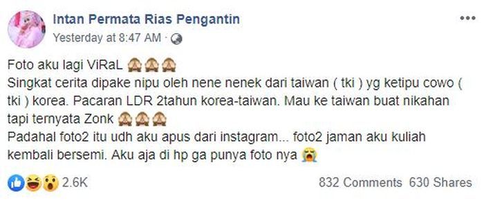 Respon Intan Permata ketika foto-foto lawasnya digunakan TKW Taiwan untuk menipu pria. 