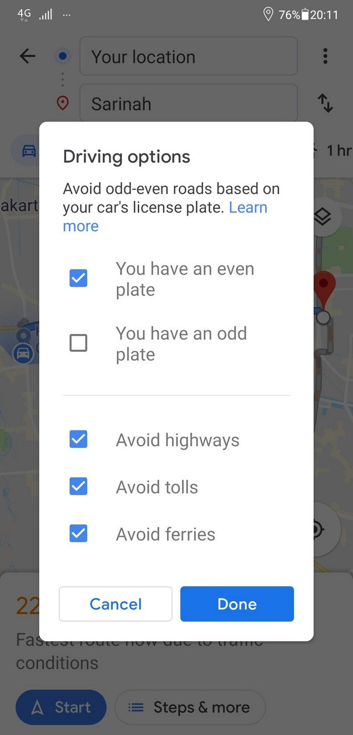 menu ganjil genap di Google Maps