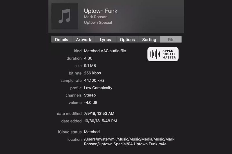 Data lagu pada Apple Music yang telah disematkan label Apple Digital Master