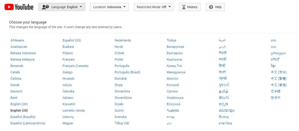 Opsi bahasa di Youtube