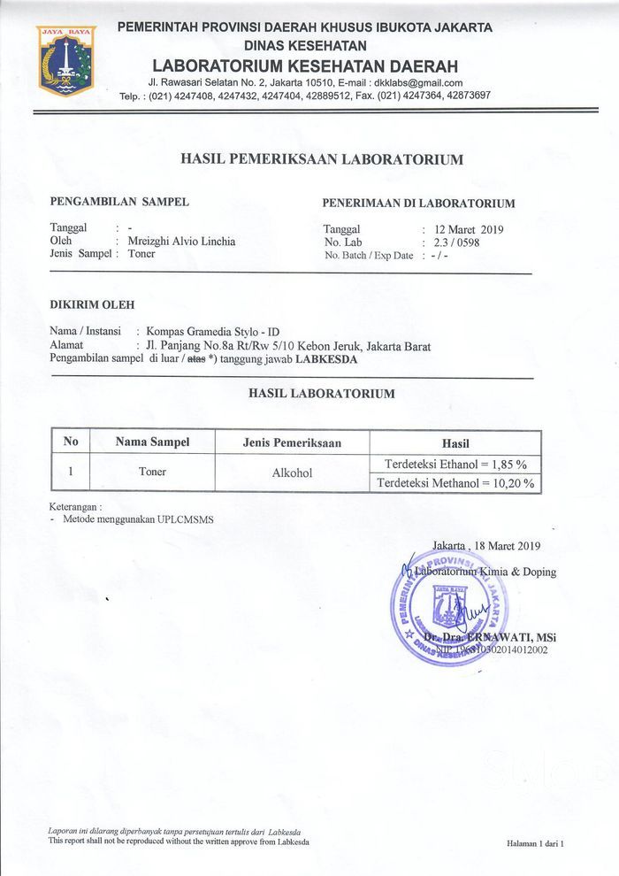 Hasil laboratorium kandungan Toner dari HN Cream