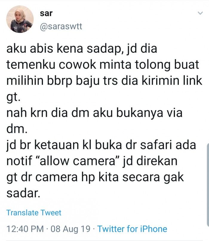 Pengakuan akun Twitter @saraswtt mengenai tragedi penyadapan yang menimpanya