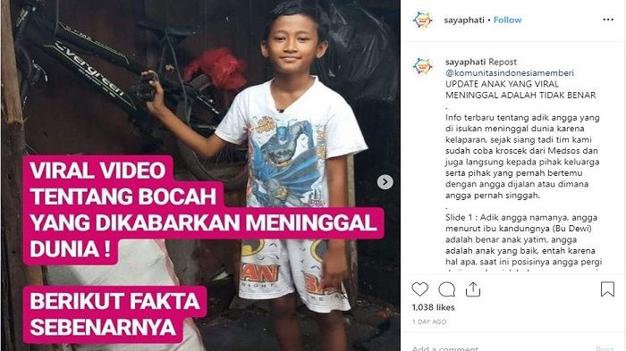 Tangkap layar berita viral bocah pemulung diduga telah meninggal, ternyata masih hidup.