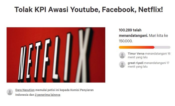 Petisi tolak KPI awasi YouTube, Netflix, dan Netflix