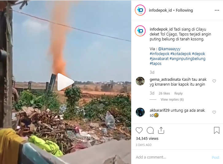 Video yang merekam kejadian angin puting beliung di tanah kosong di Depok.  