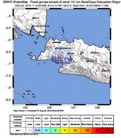Wilayah Kabupaten Bogor, Jawa Barat dan sekitarnya diguncang gempa bumi tektonik, Jumat (23/8/2019) pukul 11:10:59 WIB.