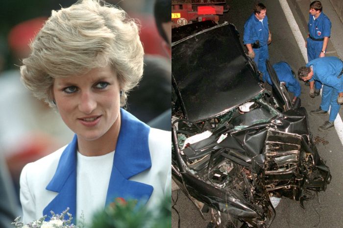 Kolase foto Putri Diana dan mobil hancur pasca kecelakaannya.