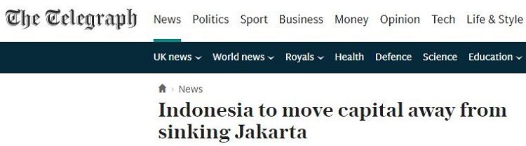 Headline The Telegrapgh terhadap Pindahnya Ibu Kota Indonesia