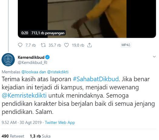 Postingan Kemendikbud menanggapi video yang sedang viral
