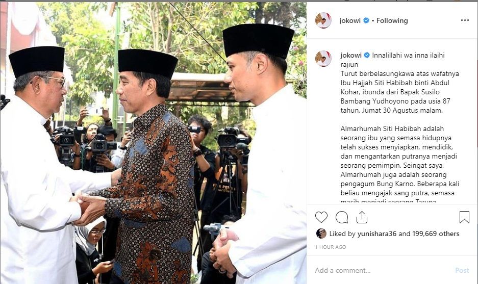 Ungkapan duka dari Presiden Jokowi kepada SBY.