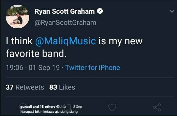 Cuitan Ryan Scott Graham yang menyebut bahwa Maliq & D'Essentials merupakan band favoritnya.