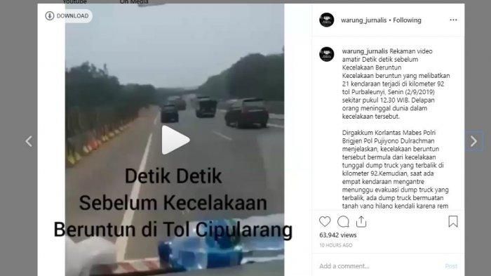Detik-detik kecelakaan beruntun yang terjadi di Tol Cipularang, pada Senin (2/9) terekam sebuah video amatir. 